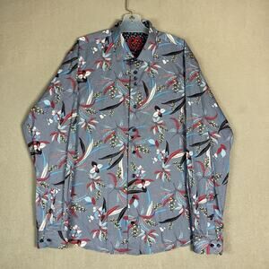 Au Noir Shirt Mens S Blue Floral Muffasa Long‎ Sleeve Button Up Cotton Bland